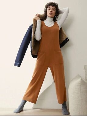 Everlane Sleeveless Wide-Leg Jumpsuit Sweater Whiskey Brown Cashmere Size Small